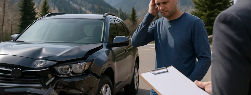 Aspen car accident total loss claim involving a damaged vehicle and mountain road