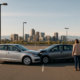 Denver parking lot accident liability scene with vehicles and visible aisle markings