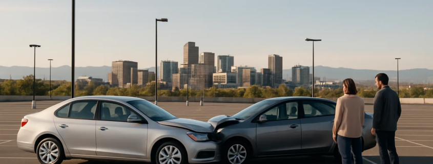 Denver parking lot accident liability scene with vehicles and visible aisle markings
