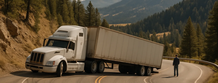 Jackknife truck accident lawyer Denver investigating trailer dynamics on a Colorado mountain road