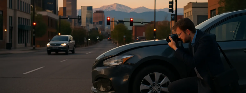 Denver hit and run car accident lawyer evidence scene with damaged vehicle