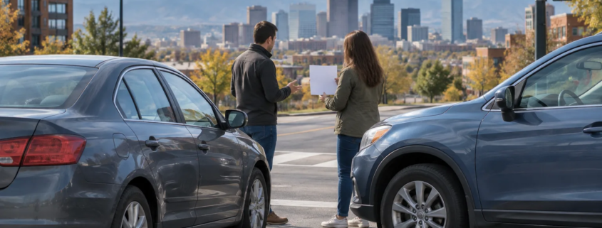 Denver car accident police report review near a city intersection after a minor crash