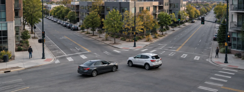 Denver left-turn car accident liability scene at a city intersection