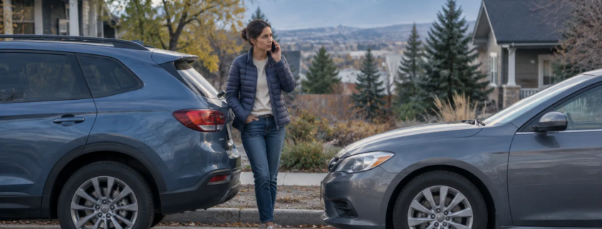 Denver UIM claim settlement concept with a driver beside a car on a Denver street